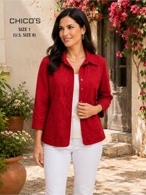 Chico’s Size 1 Red Embroidered Textured Cotton Blend Shirt Jacket